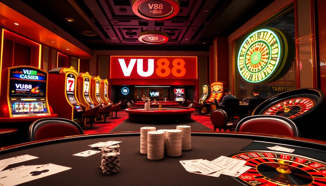 Experience thrilling gameplay at VU88 with vibrant slot machines, poker tables, and casino excitement.