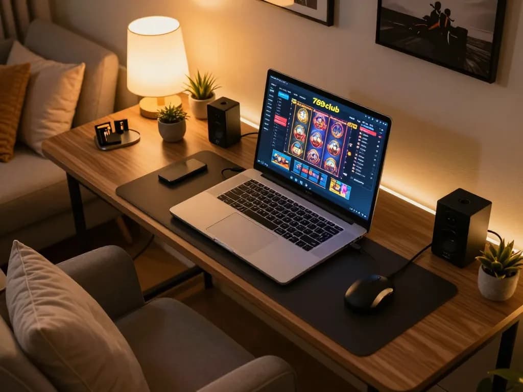 Engaging online gaming setup displaying 789club slot games on laptop with cozy atmosphere