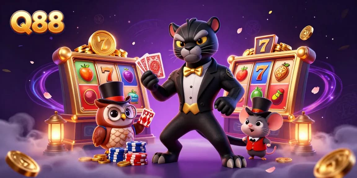 Q88 showcases an engaging casino scene with a stylish black panther dealing cards amid vibrant slot elements.