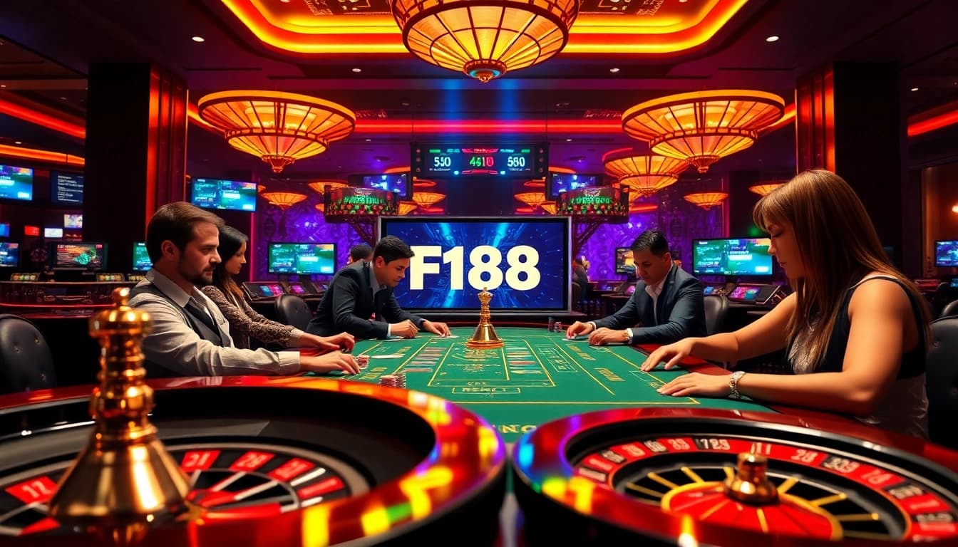 Exciting gameplay at F168 casino with vibrant gaming table and poker chips.