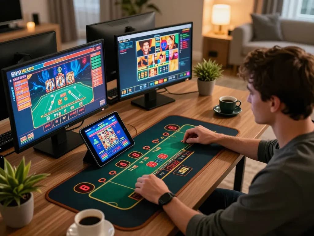TX88 online casino gameplay with a player engaged in blackjack on multiple screens, showcasing vibrant graphics and strategic atmosphere