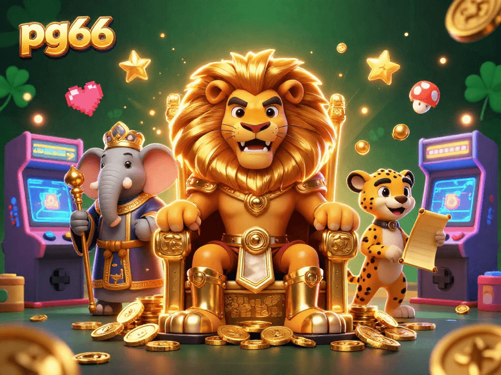 Join the excitement of pg66 with a regal lion, wise elephant, and swift cheetah in a vibrant casino battle.