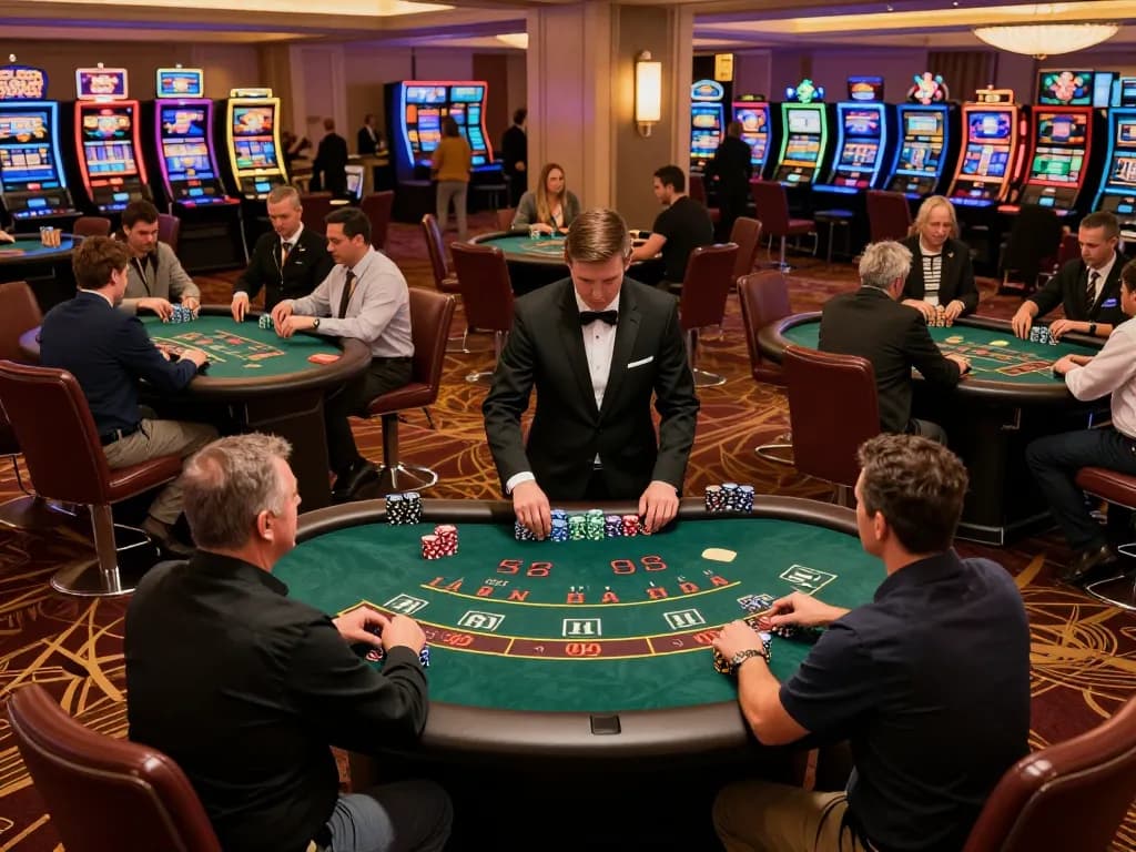 KJC players strategizing at blackjack tables in a lively casino atmosphere