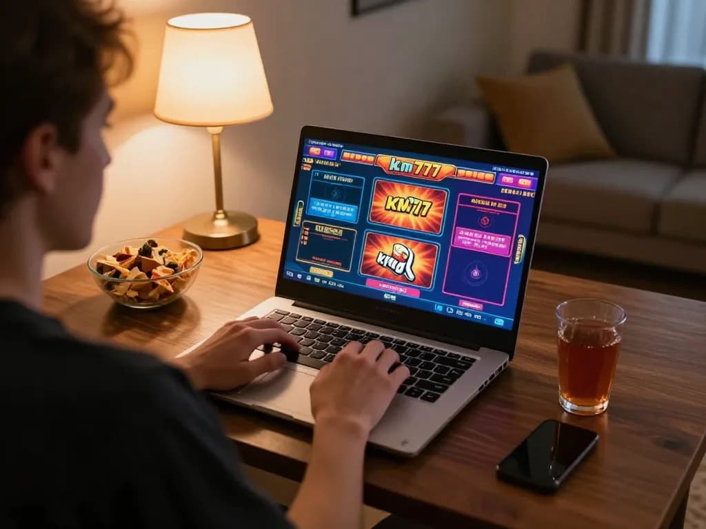 Engaging gameplay experience at km777 online casino using a laptop in a cozy home setting.