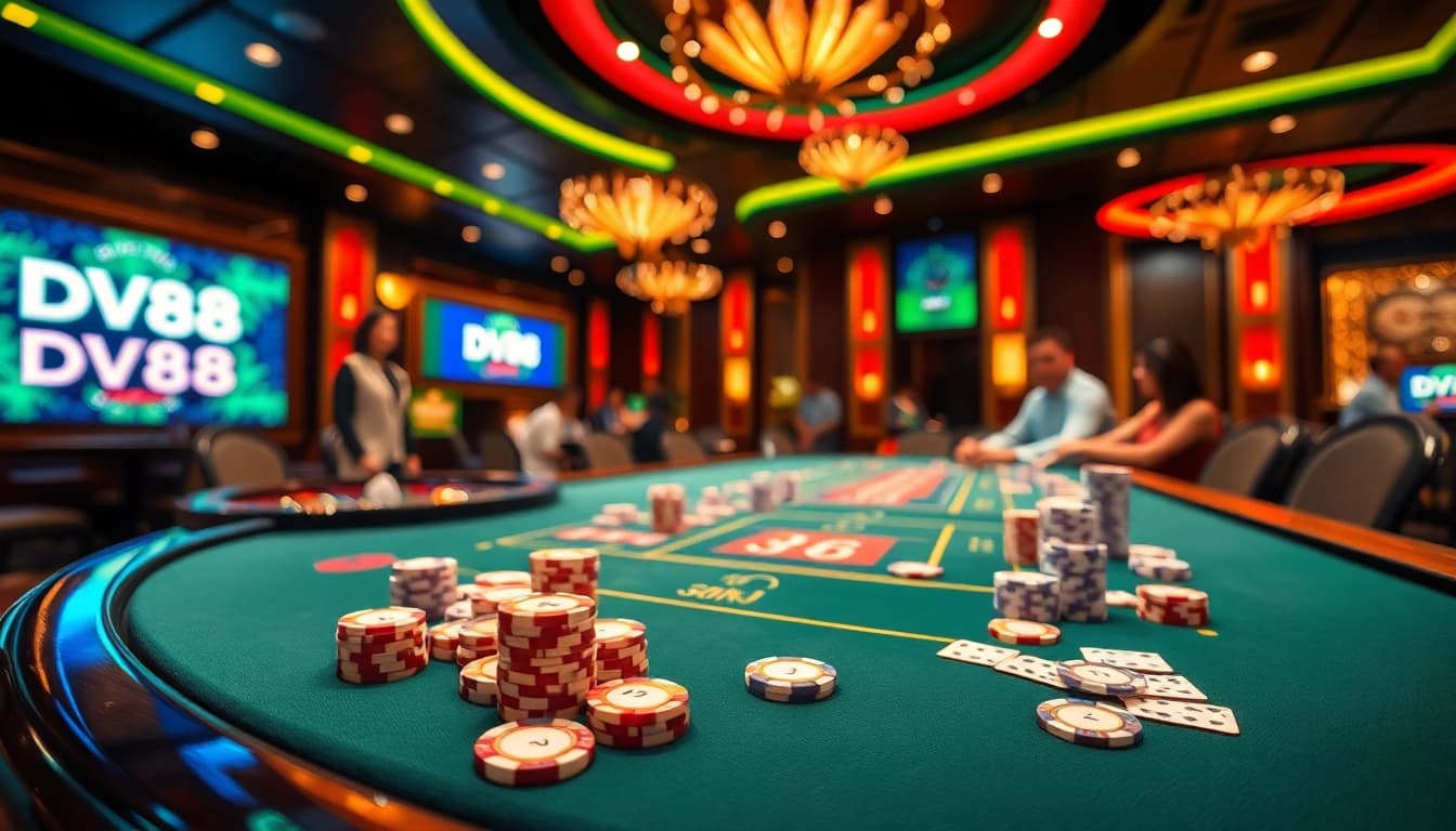 Players engaging with DV88 casino games at a vibrant gaming table under bright lights.