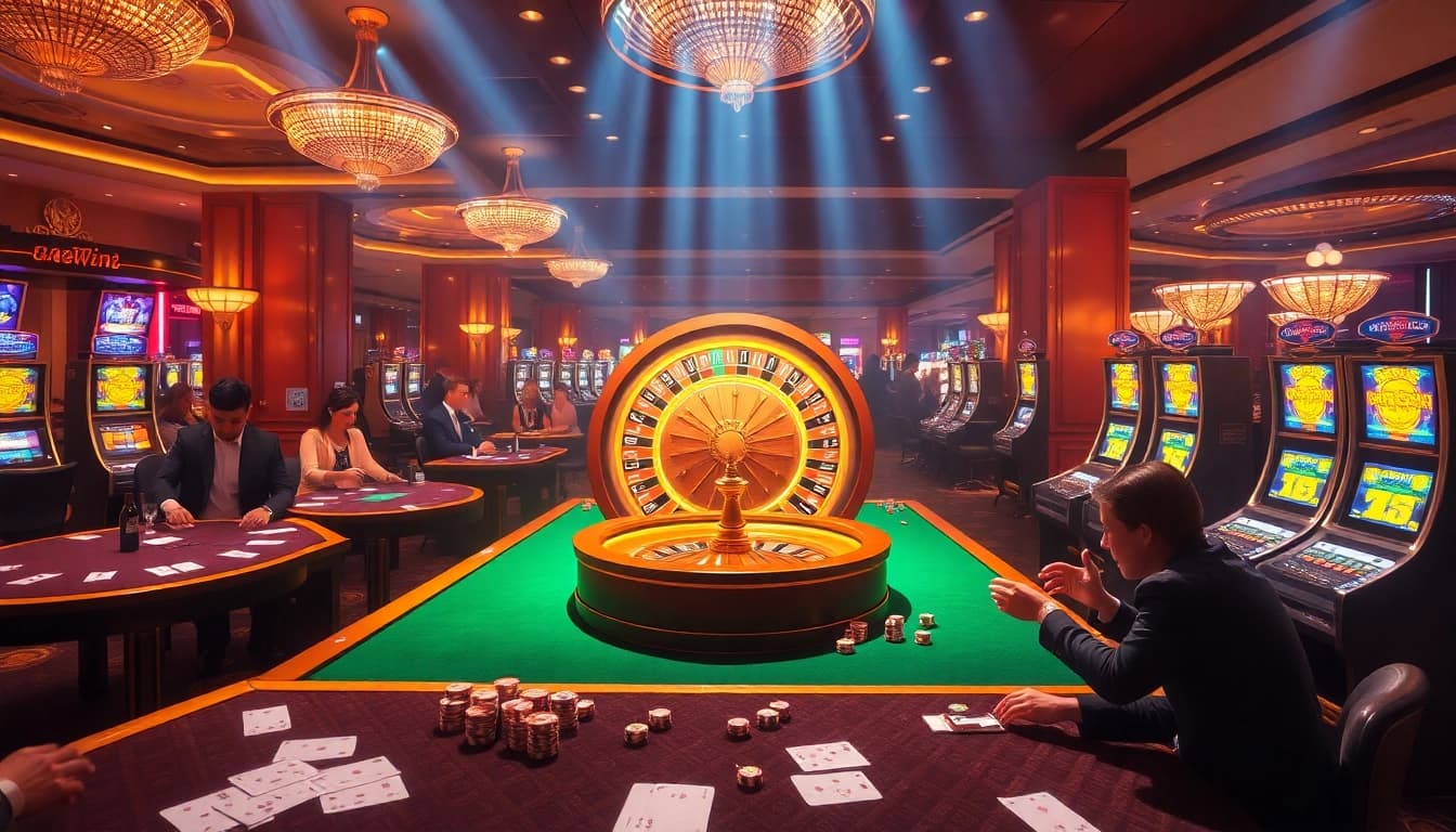 Exciting casino scene showcasing sun win magic with roulette wheel, poker chips, and thrilling gameplay.