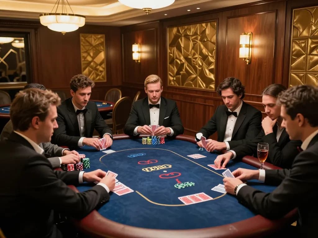 Sunwin players strategizing at a high-stakes poker table in a luxurious casino setting.