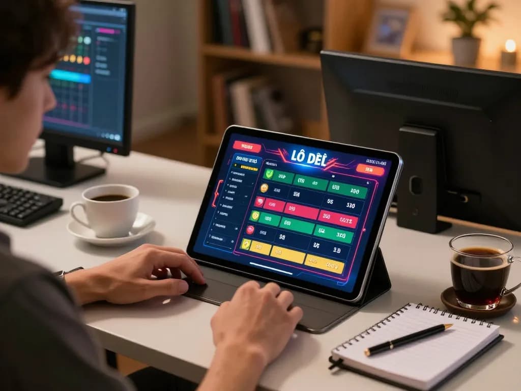 Lô Đề Uy Tín player using a tablet in a cozy setup for responsible online gaming.