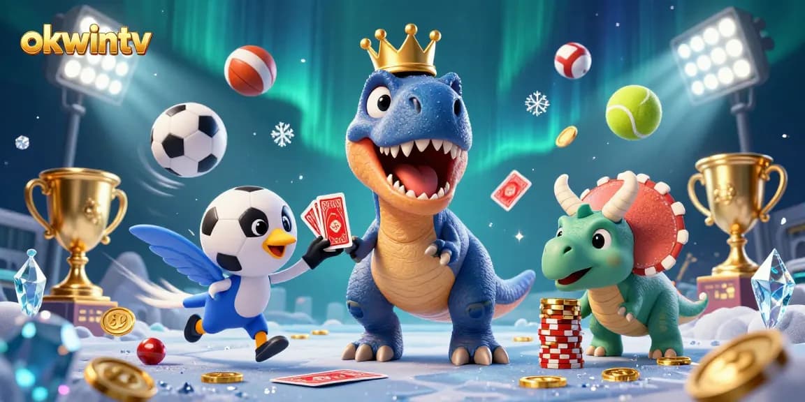 Experience thrilling gameplay with okwintv, featuring a friendly T-Rex shuffling cards in a lively casino scene.