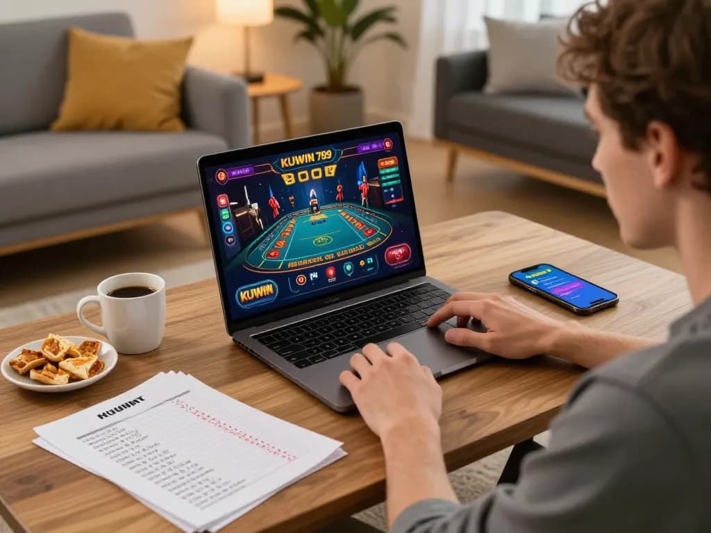 Engaged player enjoying KUWIN 789 online gaming experience at home with laptop and smartphone.