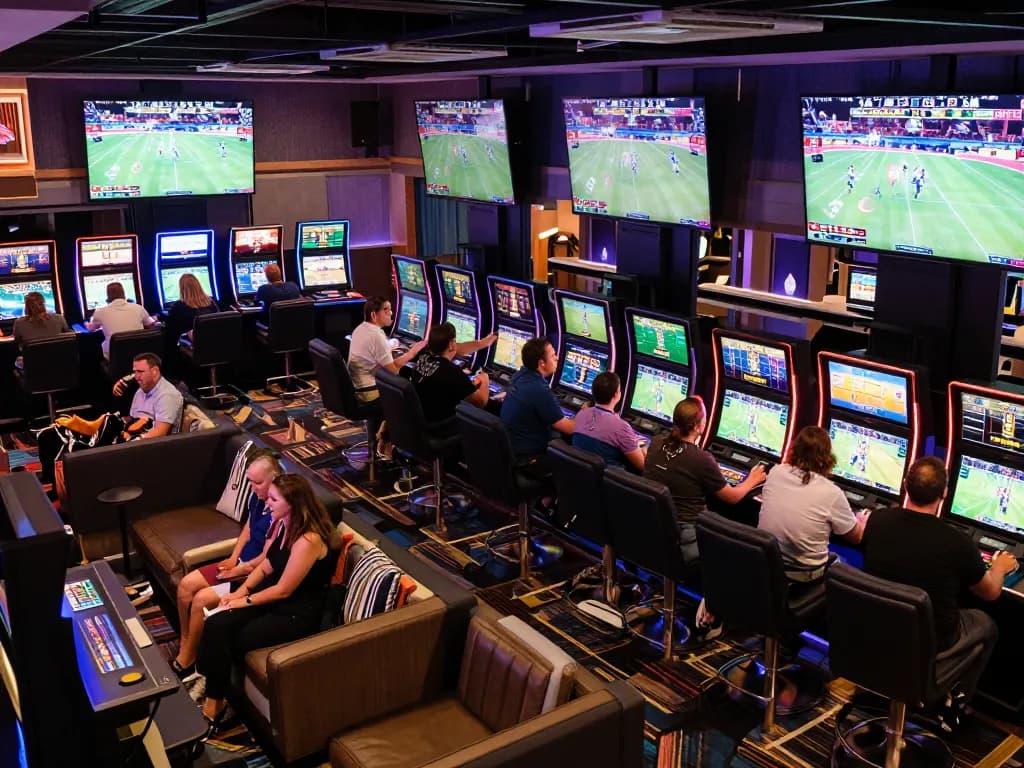 Engage with the 789win link while enjoying live sports betting at a premier casino venue, capturing the excitement of placing bets.