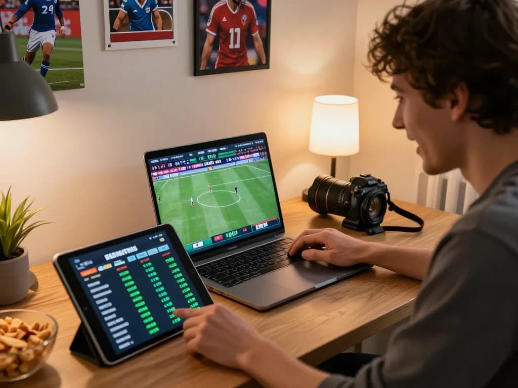 OKFUN user engaged in sports betting from home, showcasing live odds on laptop.
