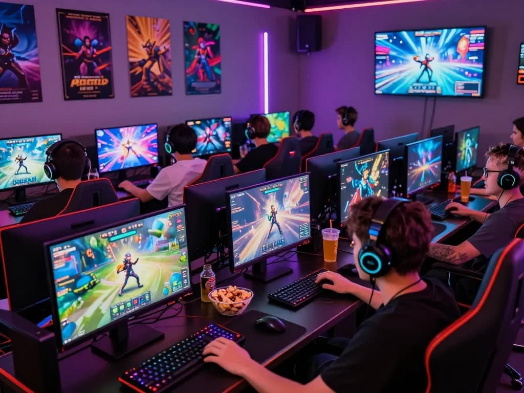 Friends enjoying an engaging gaming session on Sunwin platform, surrounded by colorful LED lighting and snacks.