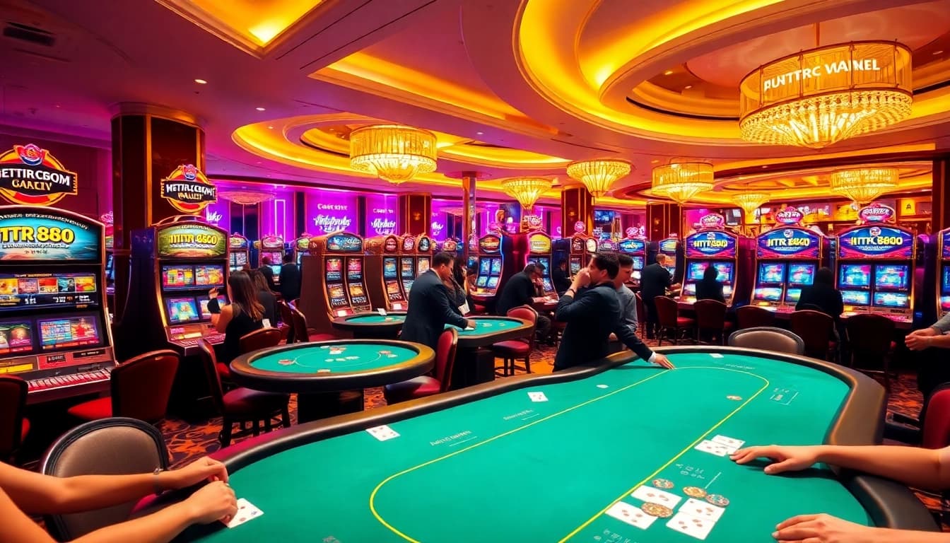 Exciting casino action with players engaging at https://mtr888.com/ poker tables and slot machines.