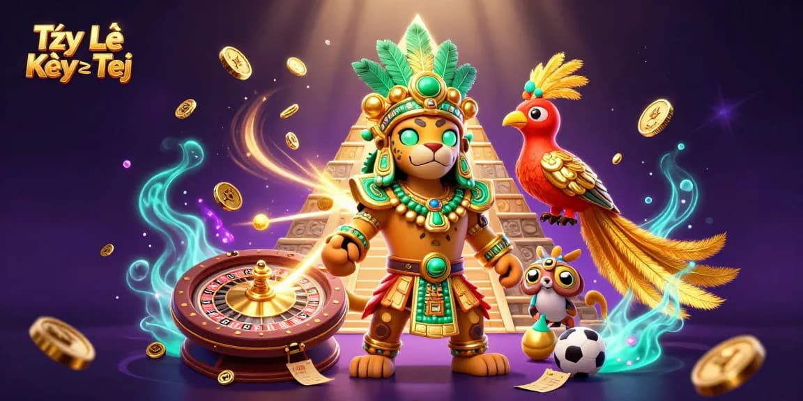 Tỷ Lệ Kèo Trực Tiếp showcases sports betting excitement with a Mayan jaguar priest and a quetzal bird amidst dynamic action elements.
