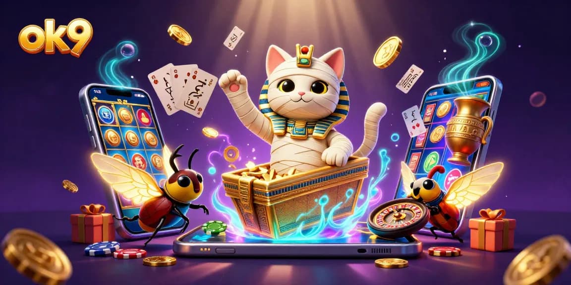 Experience the excitement at ok9, featuring a cartoon mummy cat and golden games in a dazzling casino scene.