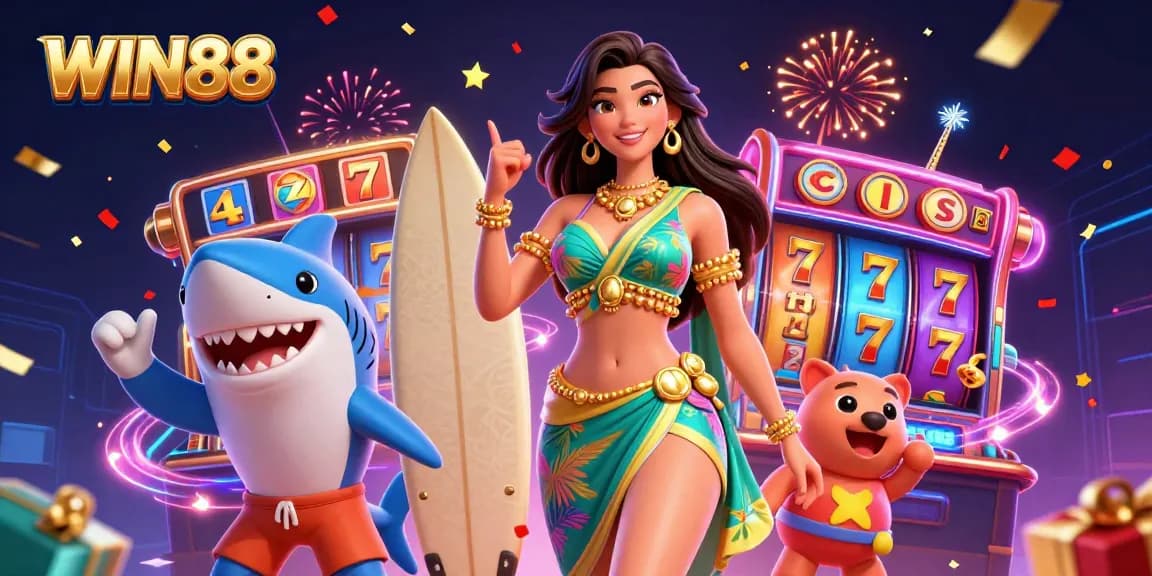Experience the thrill of WIN88 with a vibrant scene featuring a beach goddess and a cartoon surfer shark amidst colorful slot elements.