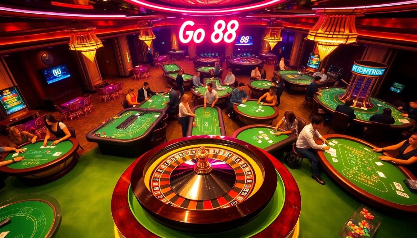 Experience the thrill of go 88 at a bustling casino with poker tables and roulette wheels.