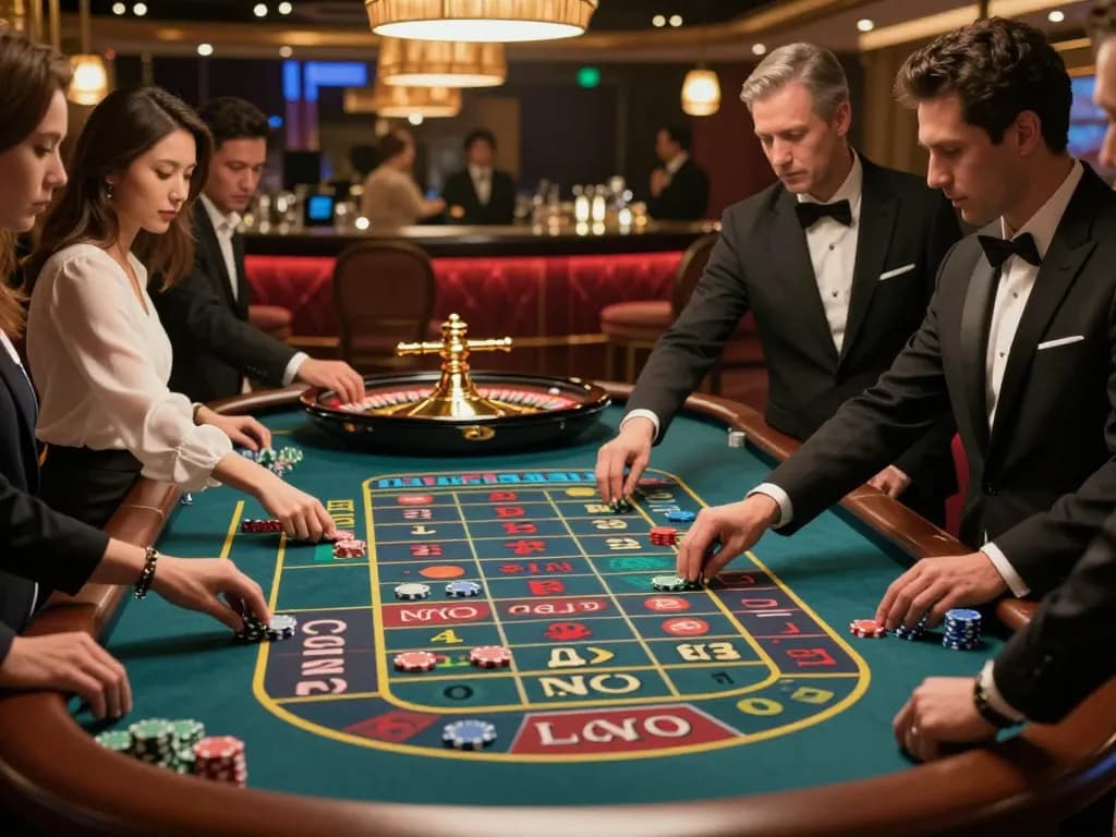 Players placing bets on roulette at a luxurious casino, highlighting abc8go's gaming excitement.