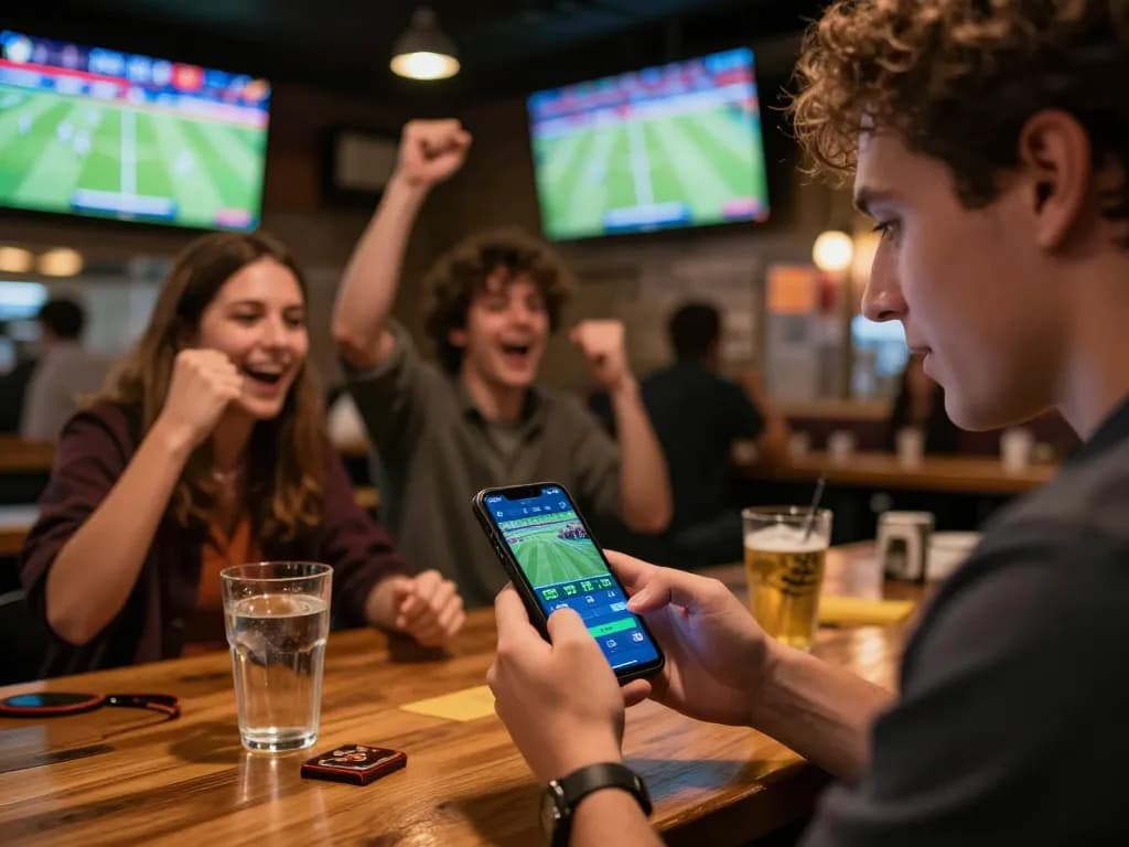 Ok9 app user actively placing bets in a vibrant sports bar atmosphere