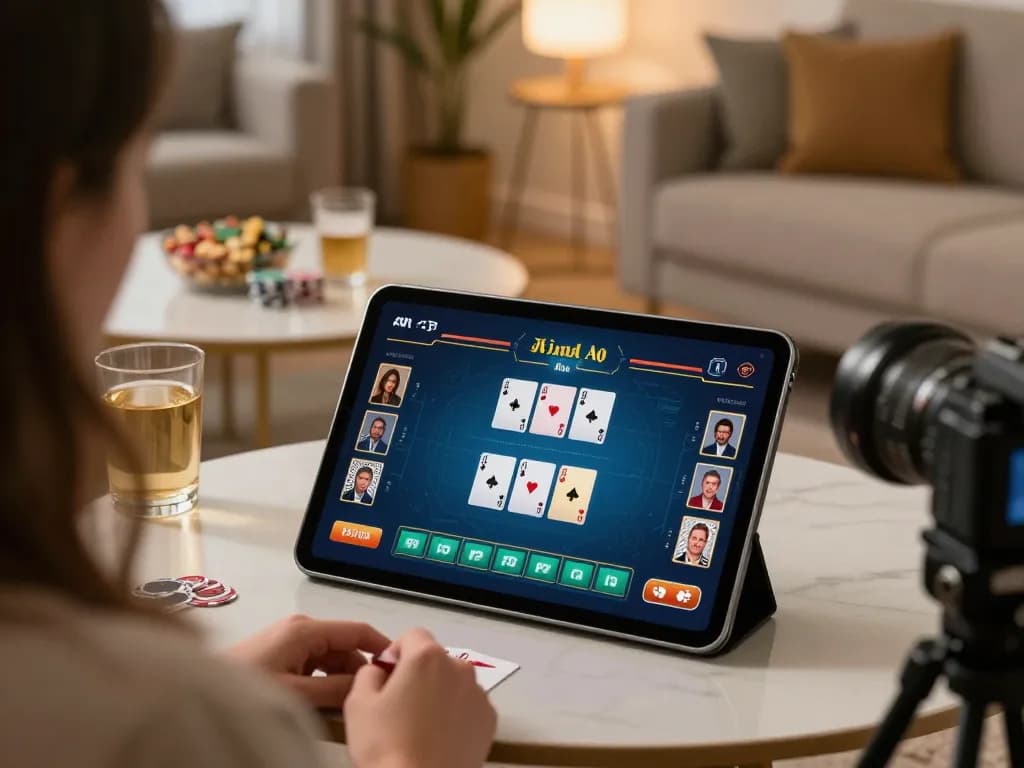Engaging online poker scene showcasing 13win đăng nhập on a tablet with cozy home atmosphere