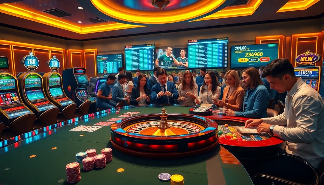 Engaging gamblers at nhà cái gg88 enjoying a vibrant online casino experience with cards, chips, and live betting.