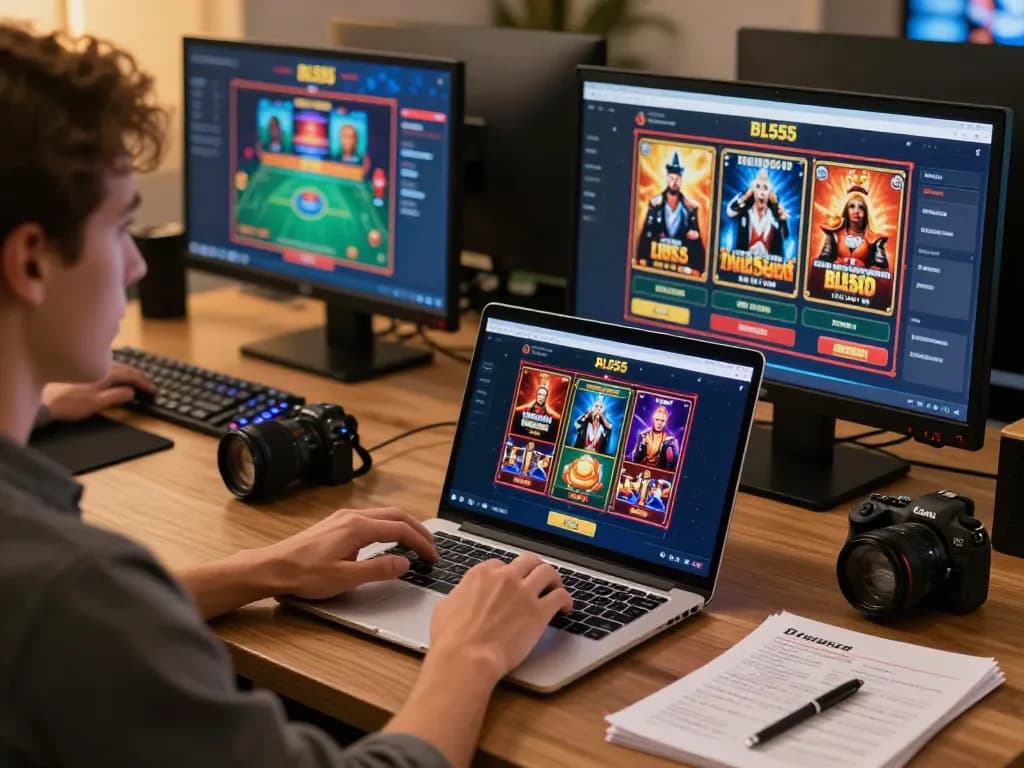 Engaging with the BL555 casino app on a sleek laptop in a modern gaming setup.