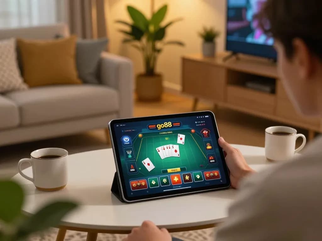 Player enjoying game go88 on tablet in cozy living room setting, engaging in online poker action