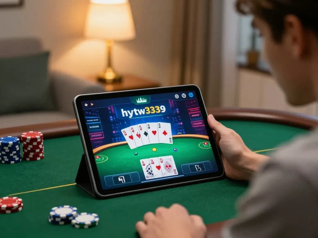 Player using the hytw3339 app for online poker, showcasing chips and cards in a cozy setting.