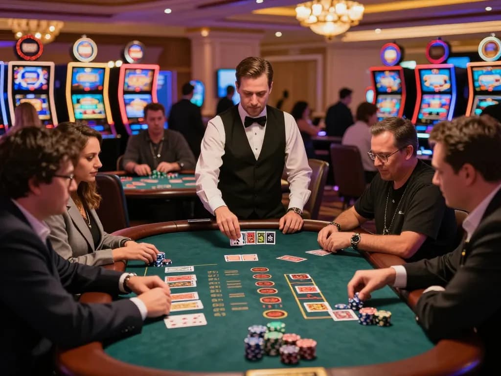 Engaged players in a Go8 casino blackjack game, focusing on strategy and excitement at the table.