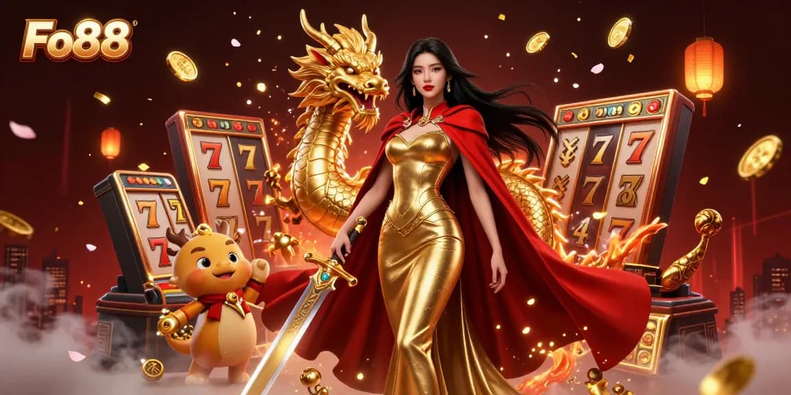 Fo88 showcases a stunning warrior queen in a vibrant casino universe, complete with slot machines and golden treasures.