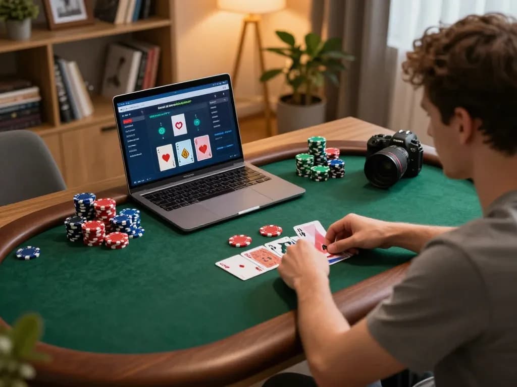 Engaged player strategizing in the online poker game on 789WIN while enjoying a cozy home environment.
