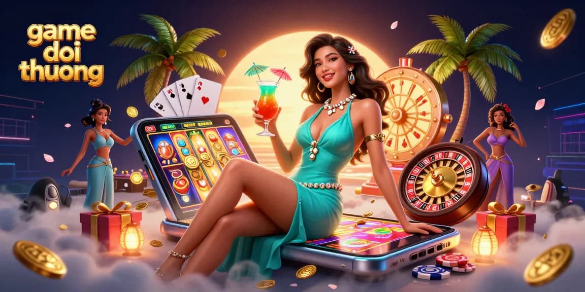 Experience the excitement of game doi thuong with a vibrant casino scene featuring a glamorous Asian woman and interactive gaming elements.