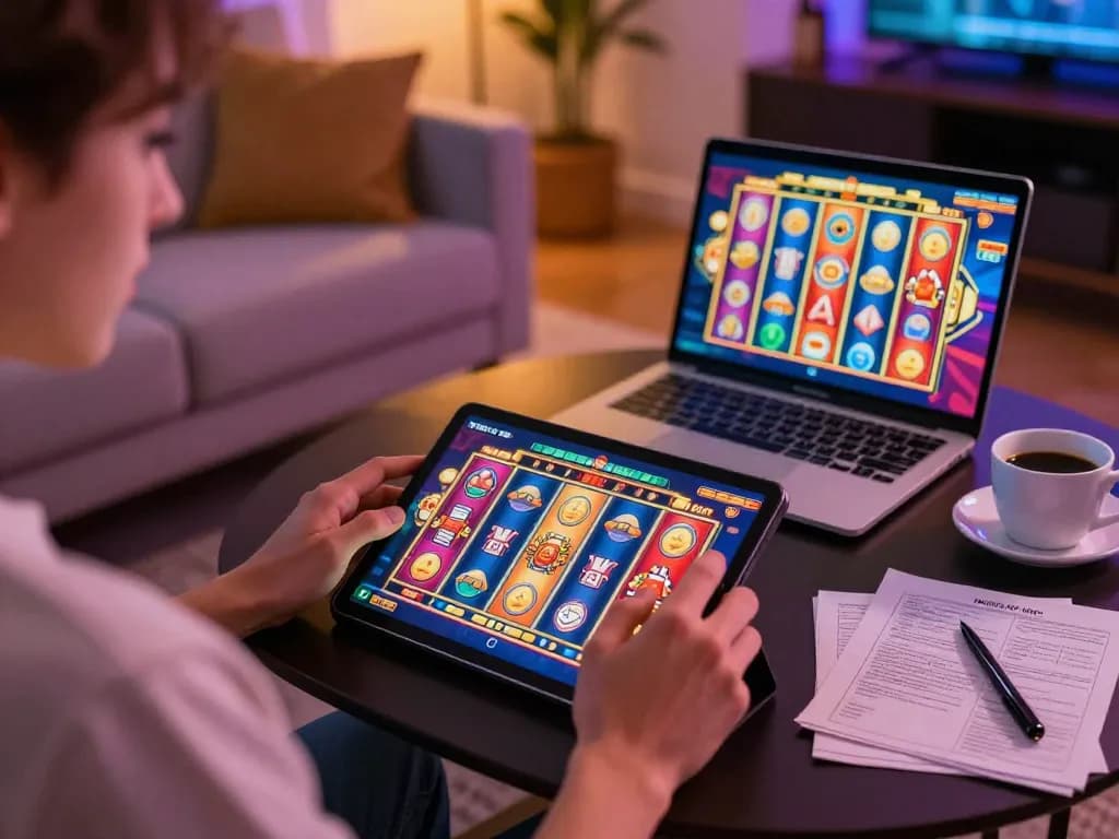 Engaging player enjoying online slots at Jun88 within a cozy home environment
