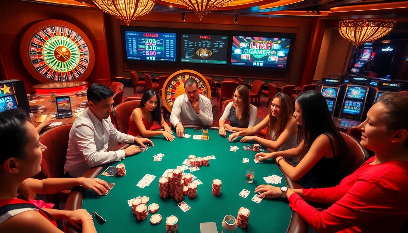 Enjoying the thrilling kim88 game at a vibrant casino table with poker chips and cards.