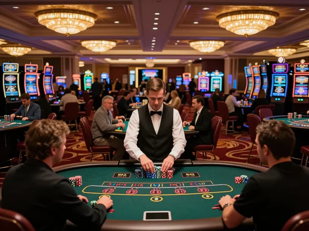 Players at TR88SEO casino engage in strategic gameplay at blackjack tables under elegant chandeliers.