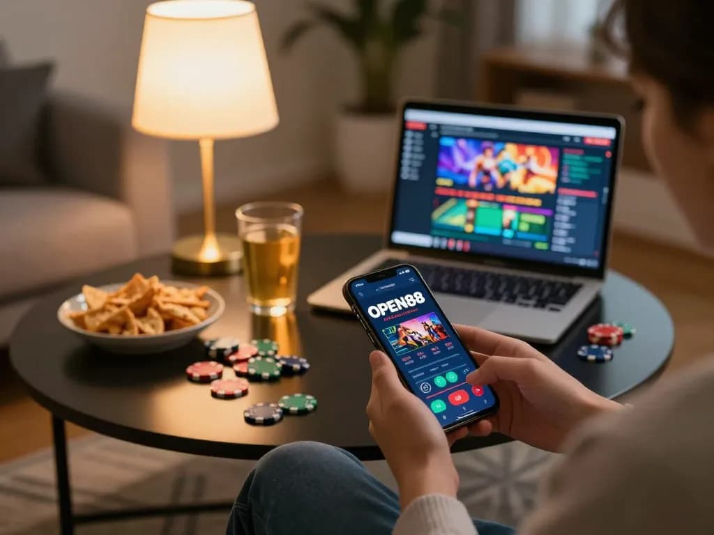 Engaging with OPEN88 casino app on smartphone in a cozy home setting.
