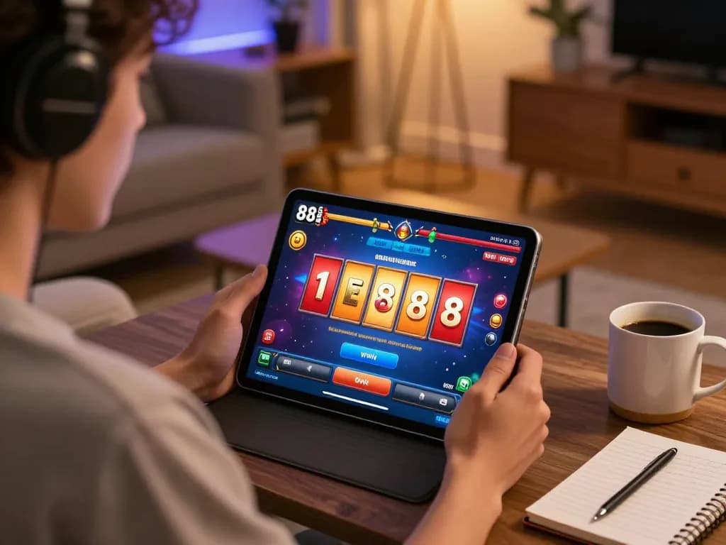 Player enjoying slot88 game on a tablet at home, celebrating a big win amidst a cozy setup.