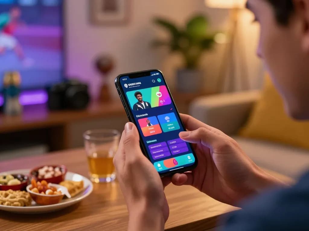 Experience fast-paced sports betting action with 789WIN's vibrant app interface in a lively home setting