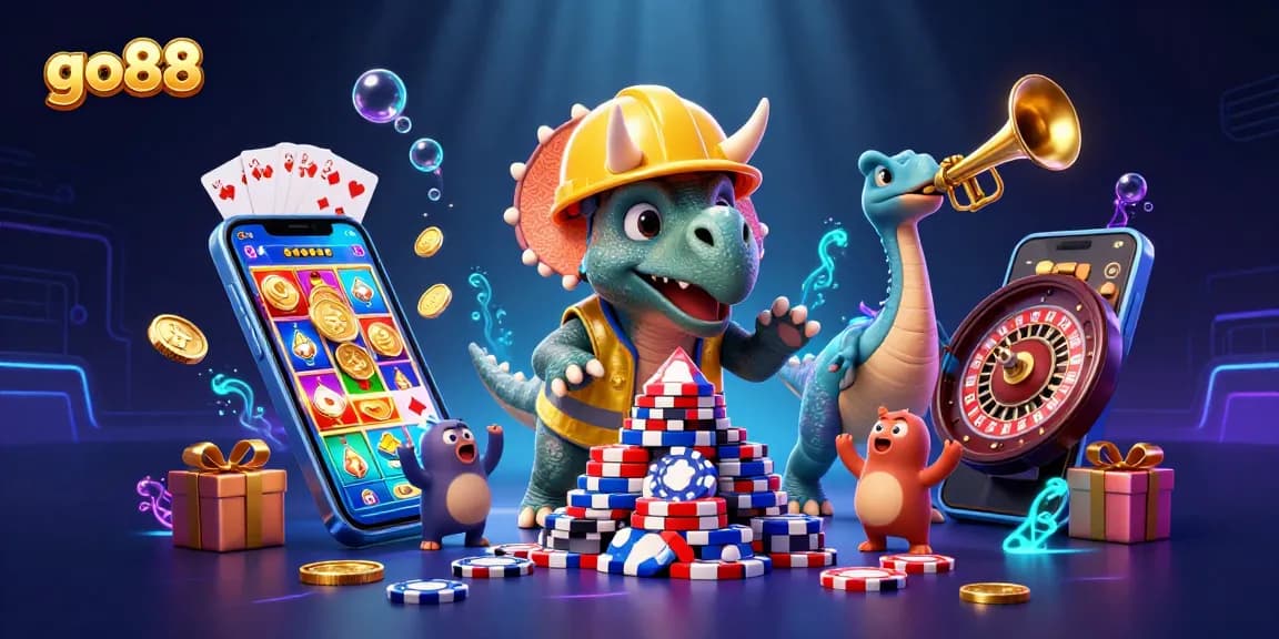 Join the excitement at go88 with a triceratops building poker chips and celebrating wins!