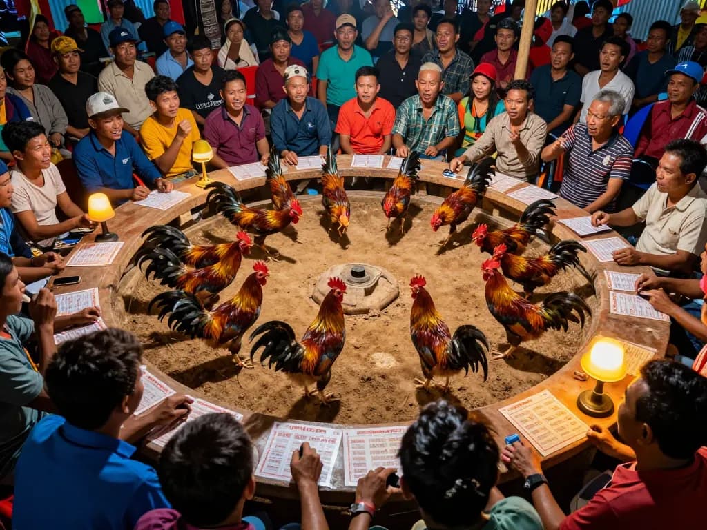 Participants engaging in Đá gà thomo betting action during a lively fight, showcasing excitement.