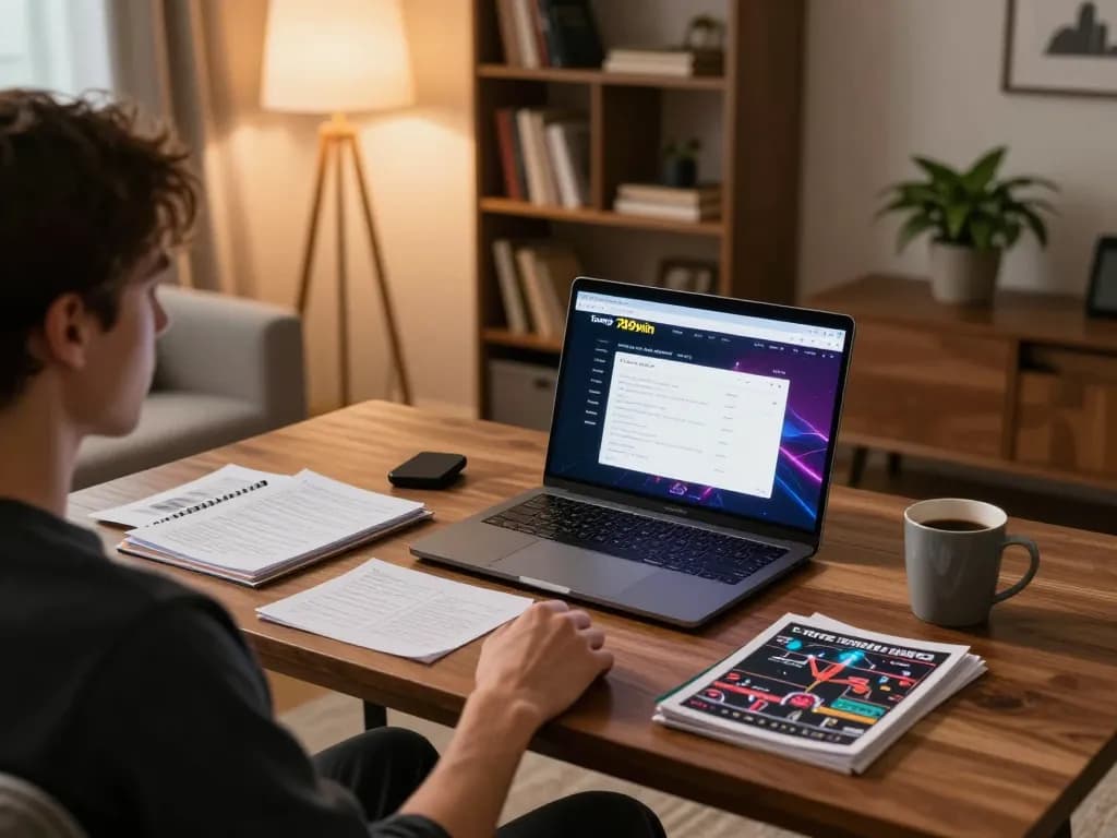 Engaging player focused on trang chủ 789win, optimizing online gaming strategy in stylish home office.