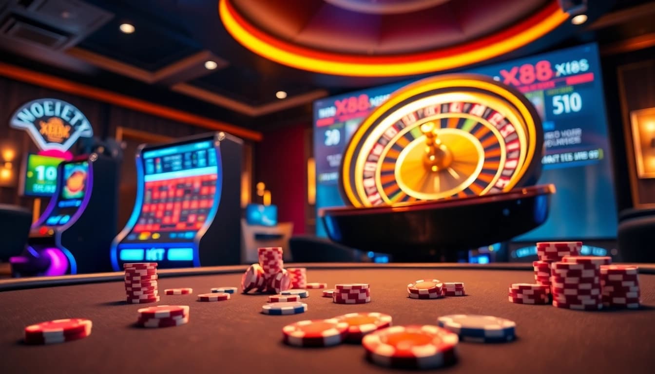 Experience the thrill of winning at XX88's elegant casino with vibrant gaming elements.