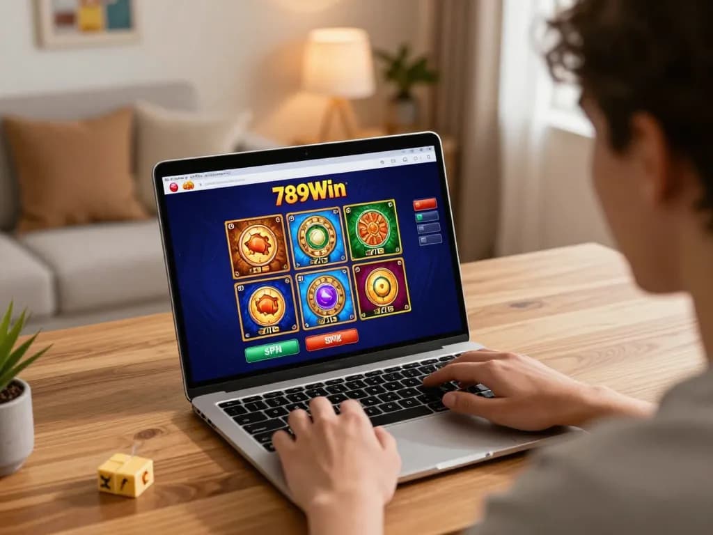 Engaging with 789Win on a laptop, showing online slots and cozy home lighting.