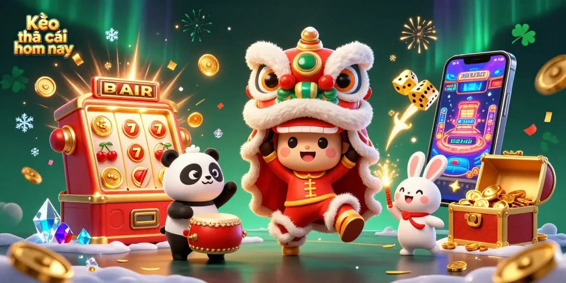 Place bets with Kèo nhà cái hôm nay in a vibrant casino atmosphere featuring festive characters and jackpot symbols.