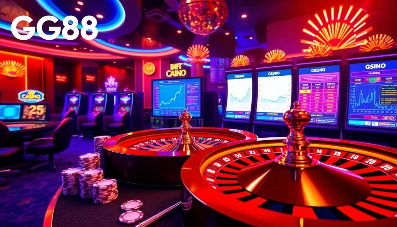 Experience thrilling play at GG88 with vibrant slot machines and poker chips in a luxurious casino setting.