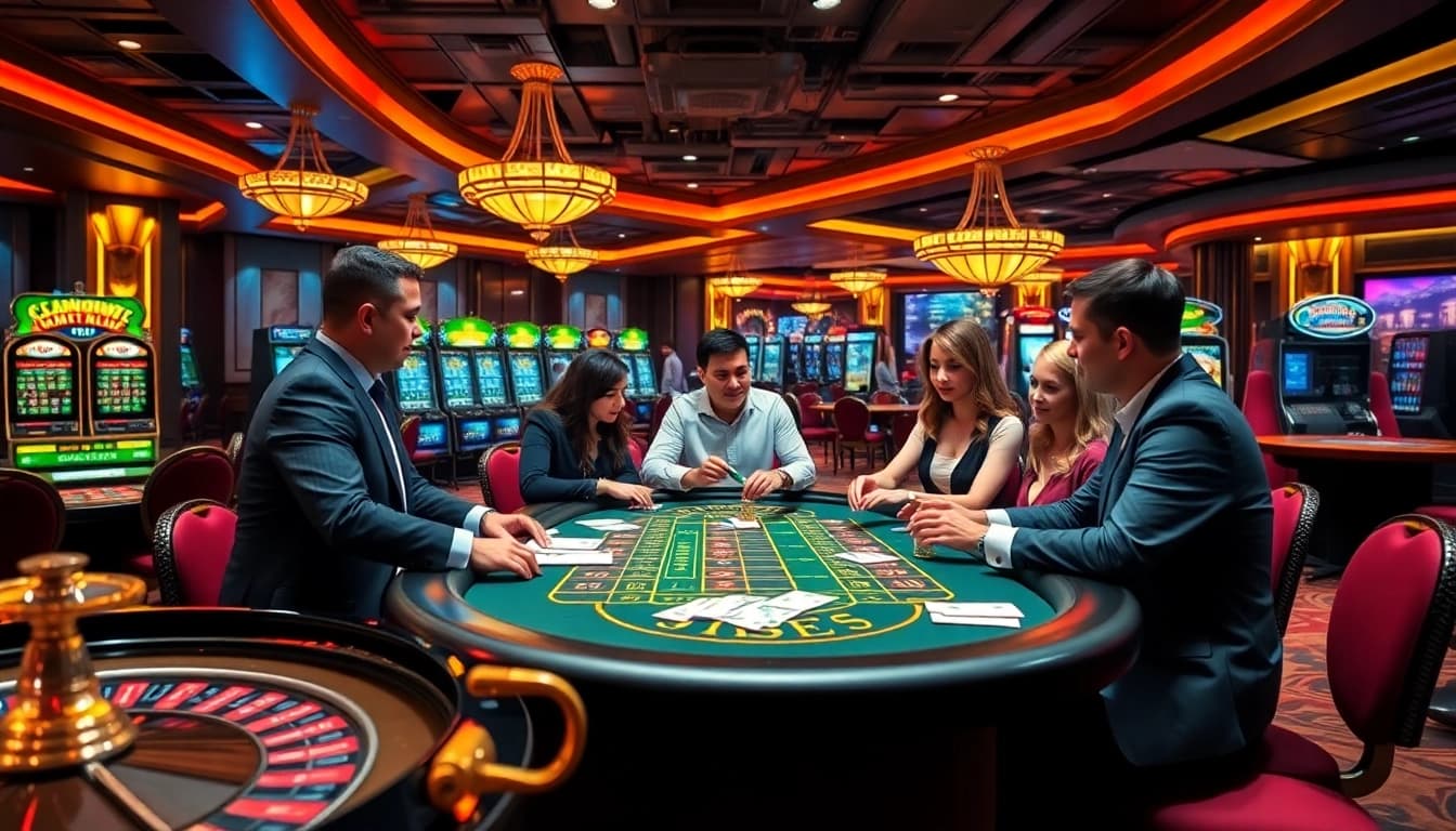 A thrilling scene of gamblers enjoying high-stakes games at https://789p.directory/ casino, showcasing poker chips and roulette.
