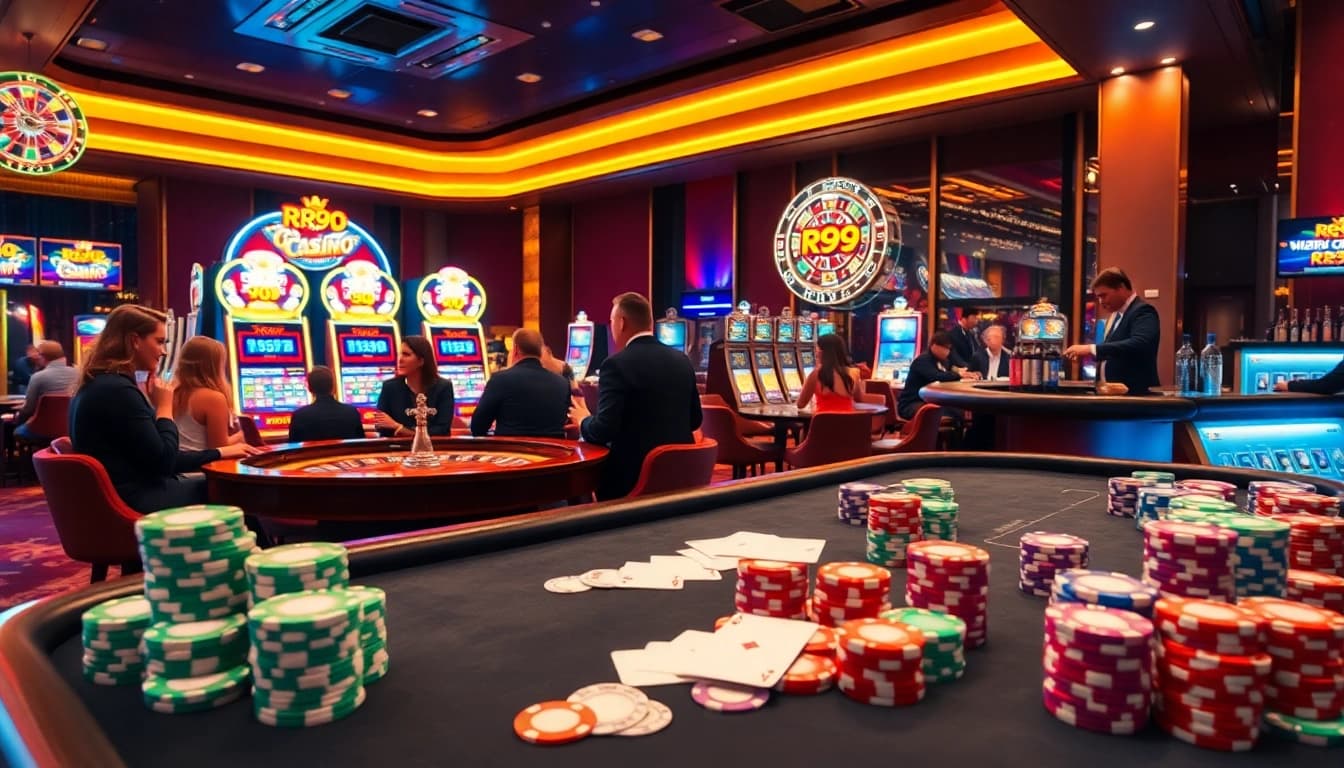 Experience the vibrant ambiance of RR99 Casino with players at a roulette table and colorful slot machines.