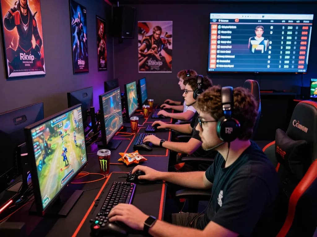 Exciting Rikvip online gaming scene with players competing at computers, vibrant LED lighting, and gaming paraphernalia.