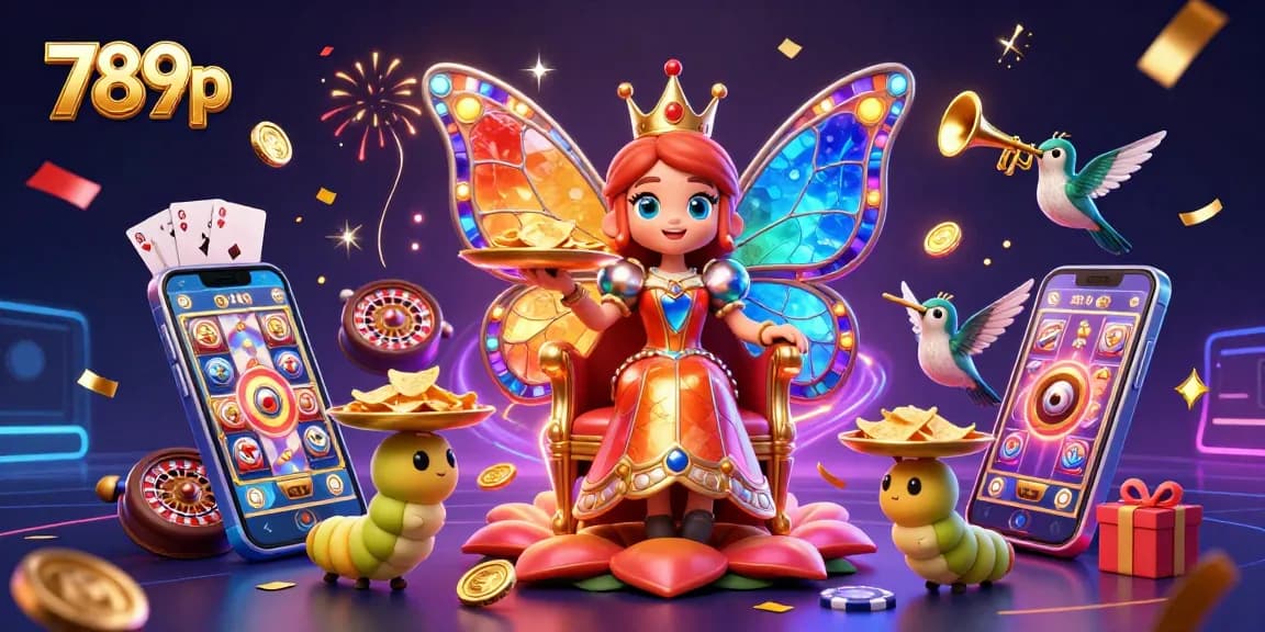 Engage with the vibrant 789p casino scene featuring a butterfly queen amid colorful gaming elements and festive decorations.